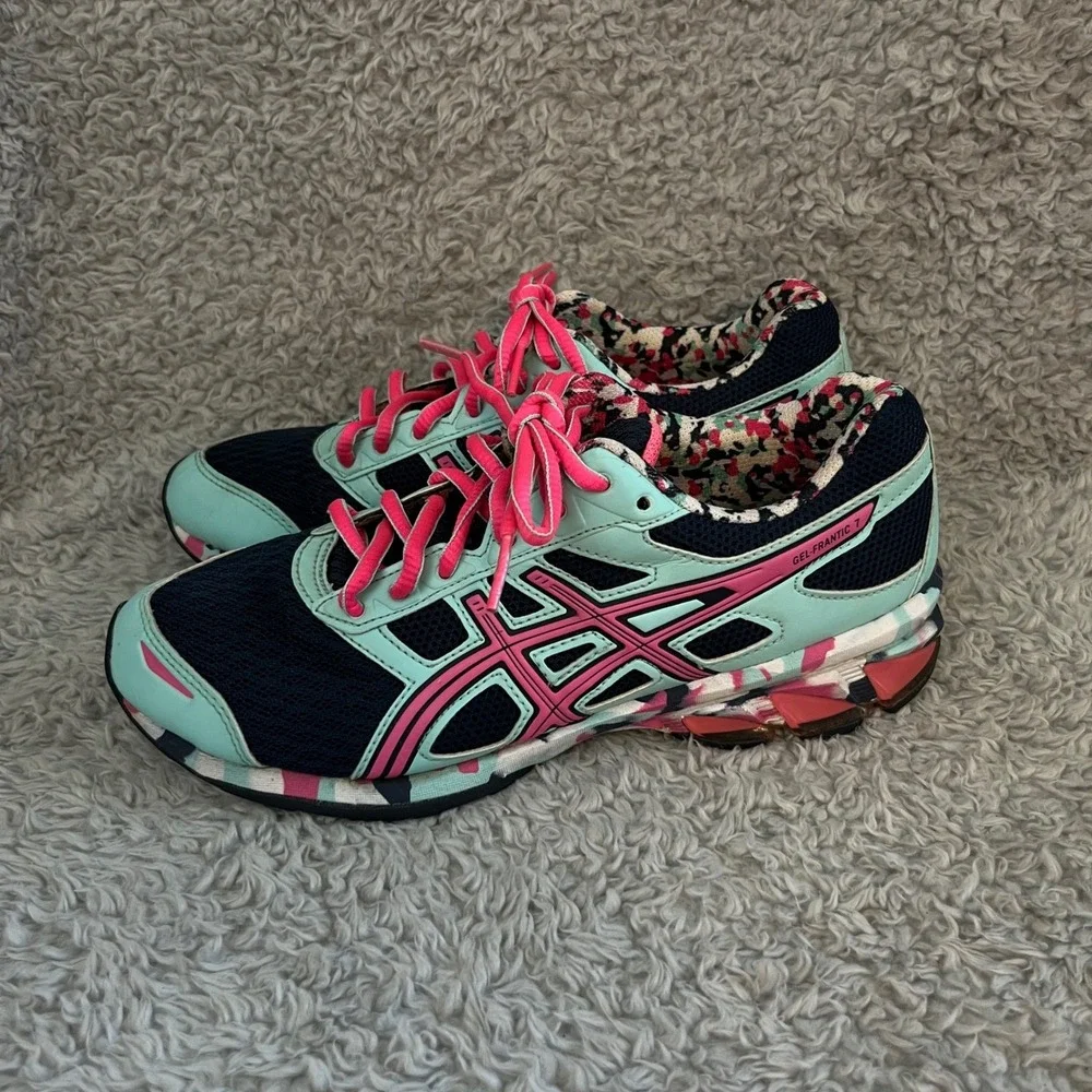 ASICS Gel-Frantic 7 Womens Running Shoes Size 6 Teal Pink‎ Mesh Camo T3A6Q